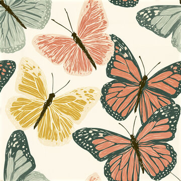 Retro boho seamless pattern with large stylized butterflies in soft pastel colors creating calm and elegant design