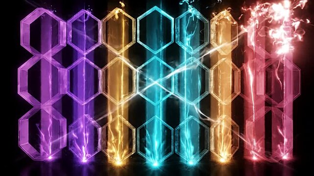 Hexagonal glowing glass panels with vibrant energy lightning motion captured in this dynamic digital animation footage