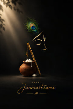 Happy janmashtami spiritual dark background with butter pot flute and peacock feather portrait lord krishna hindu festival indian festival makhan handi dahi handi