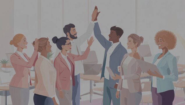 Generative AI depicts diverse professionals celebrating teamwork in office