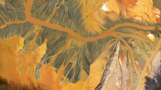  Flying over contaminated mine waters in decanting pond aerial view. Environmental pollution