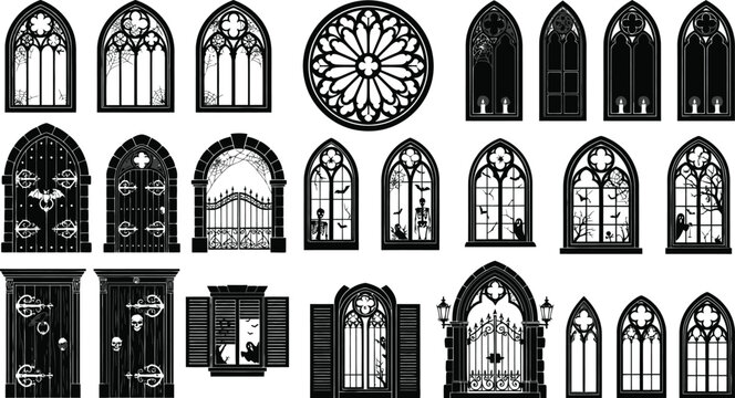 Gothic Halloween window silhouettes with spooky haunted house decorations and dark motifs