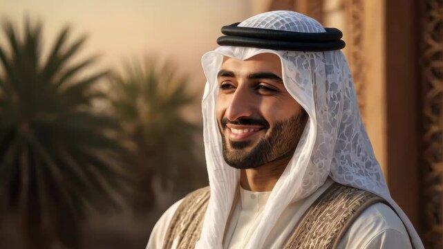 Arabian man traditional clothing portrait with smile and headscarf outdoors near palm trees warm