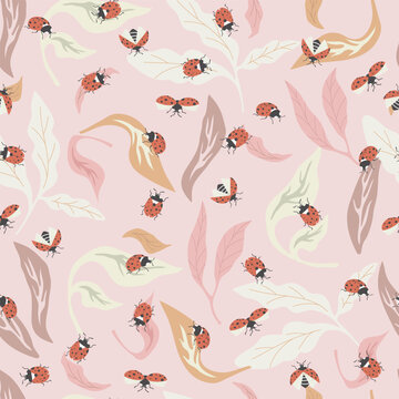 Hand drawn seamless pattern with ladybug amd different leaves on pink background. Vector illustration.
