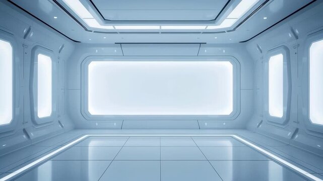 Futuristic White Interior Corridor with Glowing Windows and Reflective Tiled Floor