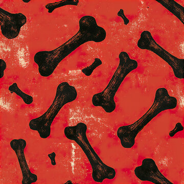 Retro Halloween bone seamless pattern with graphic black skeleton bones on red textured background for spooky design