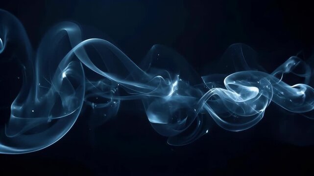 Abstract Blue Smoke Ribbon Flow Across Dark Background with Elegant Translucent Curves and Glowing