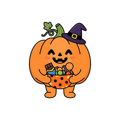 Fototapeta premium Cute Halloween Pumpkin Character Wearing Witch Hat Holding a Bowl of Candy for Trick or Treat