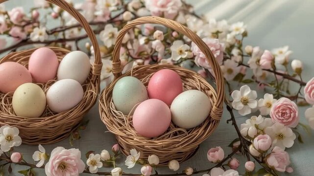 Pastel Egg Basket Among Spring Flowers and Blossom Branch for Festive Spring Decor