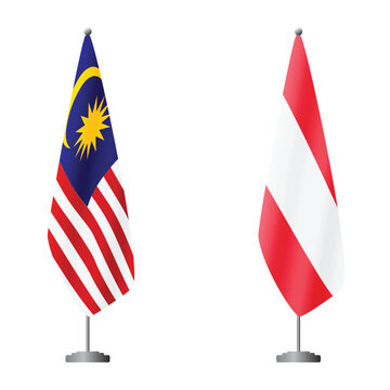Malaysia and Austria flags on flagpoles for official ceremonies and meetings, transparent background vector