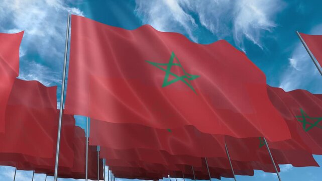 Multiple Morocco flags seamless looping waving on blue sky