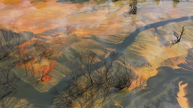 Flying over contaminated mine waters in decanting pond aerial view. Environmental pollution