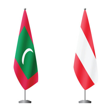 Maldives and Austria flags on flagpoles for official ceremonies and meetings, transparent background vector