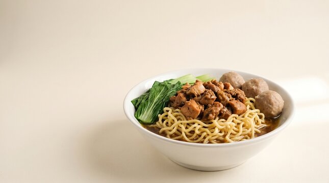 Side-profile mie ayam bakso with noodles, seasoned chicken and beef meatballs, designed with clean copy space for food campaigns, menus and digital advertising.