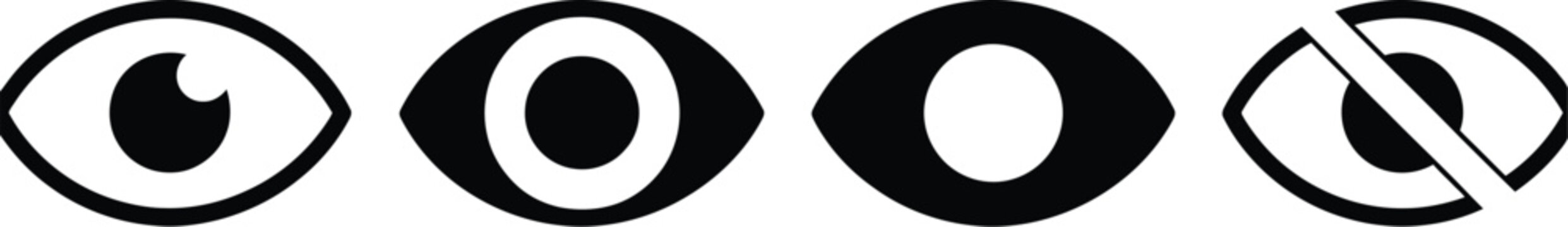 Eye Vision Icons, see, view, hide, invisible, incognito, and hidden eye symbols for privacy, visibility, security, and interfaces