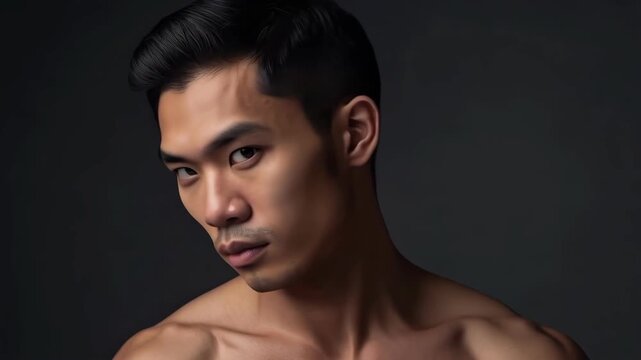 Asian Man Portrait, Serious Expression Against Dark Background, Studio Lighting, Male Adult