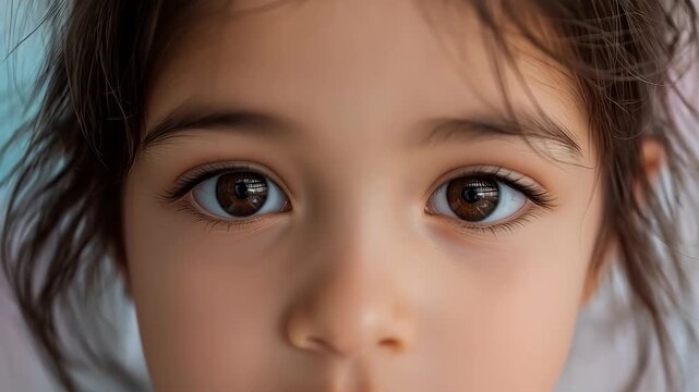 Child Portrait Closeup Featuring Brown Eyes, Dark Hair, Calm Expression, Quiet Curiosity