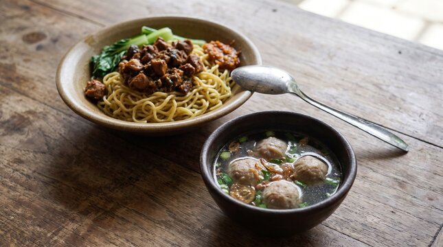 Mie ayam and bakso presented as an Indonesian comfort food pairing, ideal for culinary storytelling, tourism campaigns, restaurant promotion and food education.