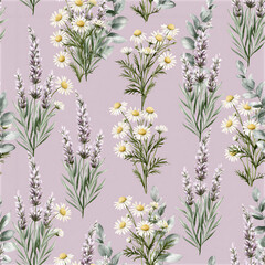 Fototapeta premium Seamless watercolor garden pattern featuring flowers and plants