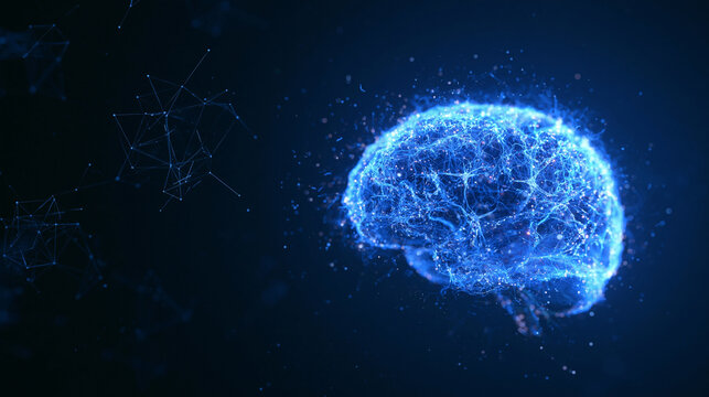 A glowing digital human brain made of neural network connections glows in blue light against a dark background. This futuristic concept graphic is ideal for artificial.