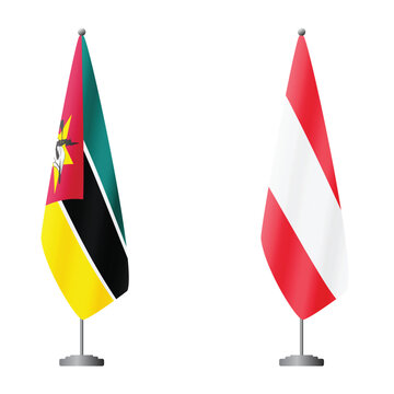 Mozambique and Austria flags on flagpoles for official ceremonies and meetings, transparent background vector