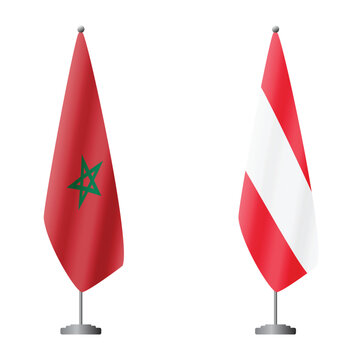 Morocco and Austria flags on flagpoles for official ceremonies and meetings, transparent background vector