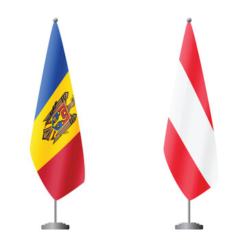Moldova and Austria flags on flagpoles for official ceremonies and meetings, transparent background vector