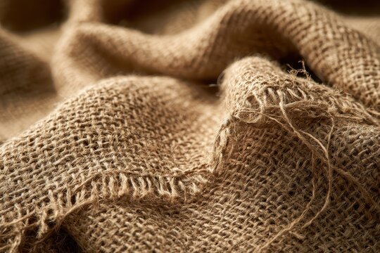 Close-up burlap sackcloth texture with rough woven fibers in warm brown tones