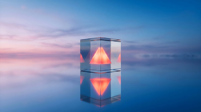 Glowing orange pyramid inside transparent glass cube against blue gradient background