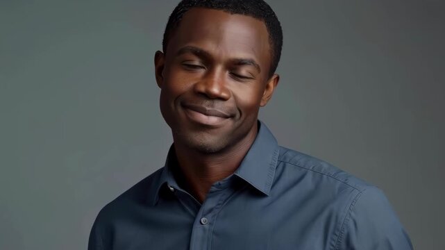 Portrait African Man Smile Blue Shirt Studio Lighting Calm Expression Against Dark Background