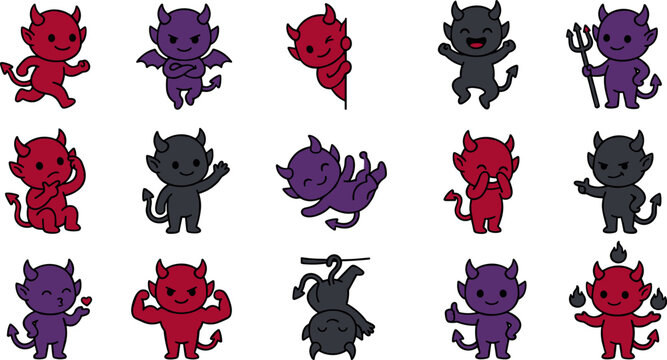 Set of cute little devil characters in various poses and expressions, flat vector illustration style