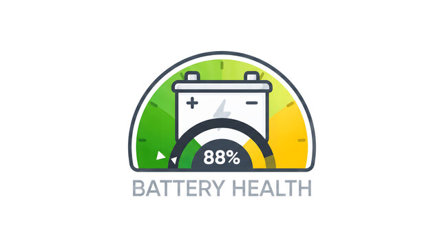 Battery health status icon featuring eighty eight percent charge level on circular gauge meter.