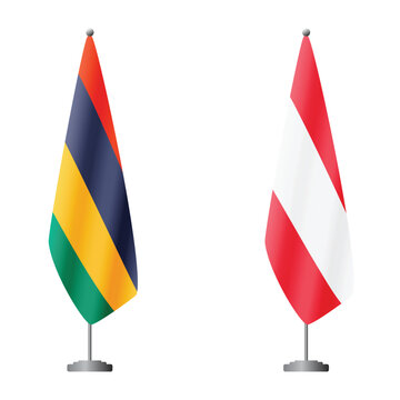 Mauritius and Austria flags on flagpoles for official ceremonies and meetings, transparent background vector