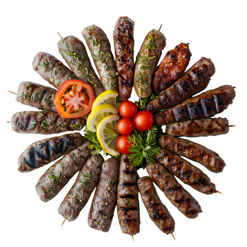 Grilled sausages arranged in a circular pattern on a plate with fresh vibrant cherry tomatoes bright lemon slices and aromatic green herbs served for a delicious gourmet summer backyard feast