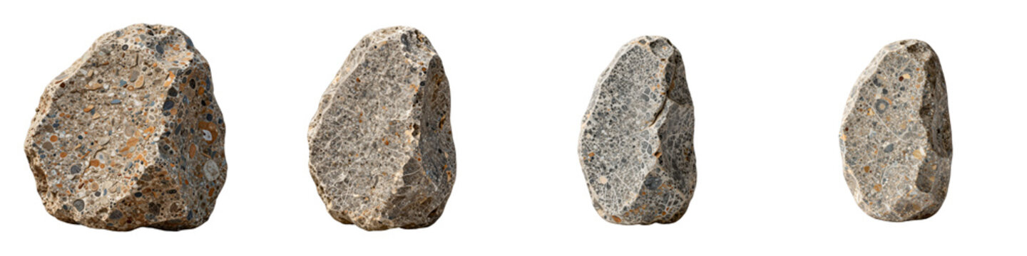 Collection of four conglomerate stones with pebble fragments isolated on black background