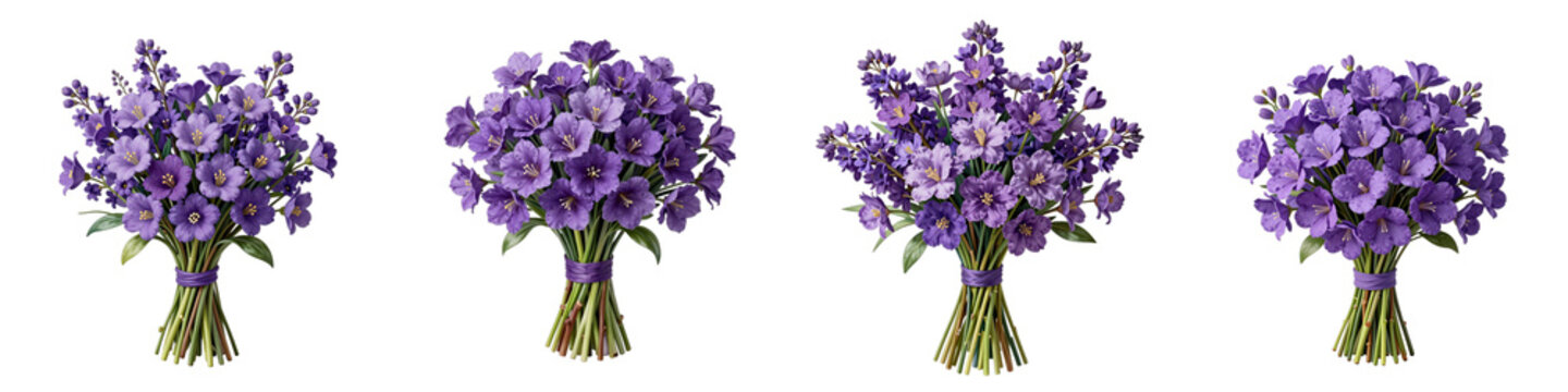 Four bunches of purple flowers tied with raffia string against a black backdrop creates an eye-catching composition