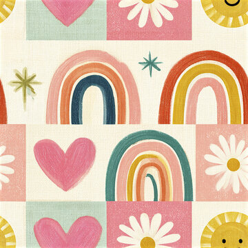 Retro rainbow heart flower pattern with soft pastel colors and charming hand drawn style creating joyful and warm feeling