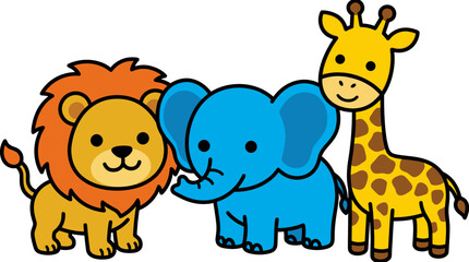 Fototapeta premium Cute cartoon lion, blue elephant, and giraffe standing together