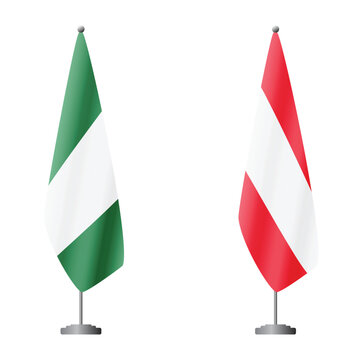 Nigeria and Austria flags on flagpoles for official ceremonies and meetings, transparent background vector