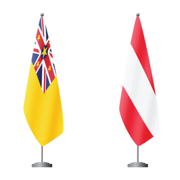 Niue and Austria flags on flagpoles for official ceremonies and meetings, transparent background vector