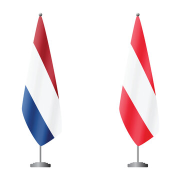 Netherlands and Austria flags on flagpoles for official ceremonies and meetings, transparent background vector