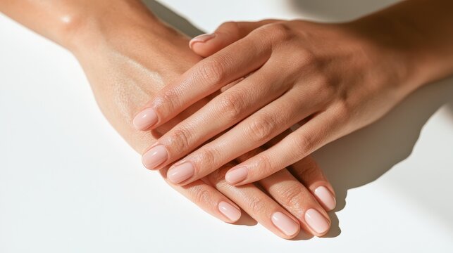 Close-up of a woman's hands with manicured nails on a white background