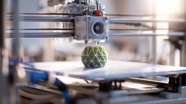 A 3D printer head meticulously builds a complex geometric object layer by layer, with focus on the detail of the process