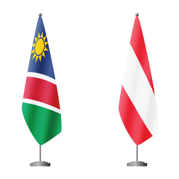 Namibia and Austria flags on flagpoles for official ceremonies and meetings, transparent background vector