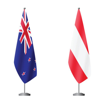New Zealand and Austria flags on flagpoles for official ceremonies and meetings, transparent background vector