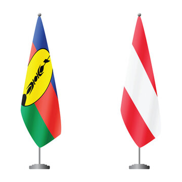New Caledonia and Austria flags on flagpoles for official ceremonies and meetings, transparent background vector
