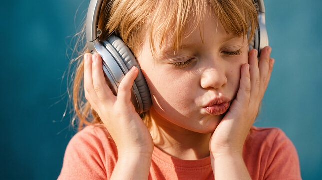 Young girl with headphones puckering lips while listening to music