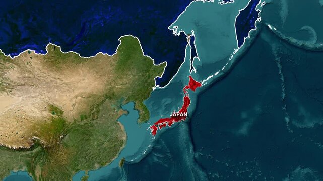 Animated map displaying Japan and surrounding Russian territories in motion video