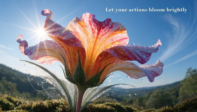 Vibrant blooming flower opening to sunlight with inspirational quote urging action and growth