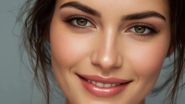 Smiling Woman Portrait with Green Eye, Natural Makeup and Closeup Beauty Expression